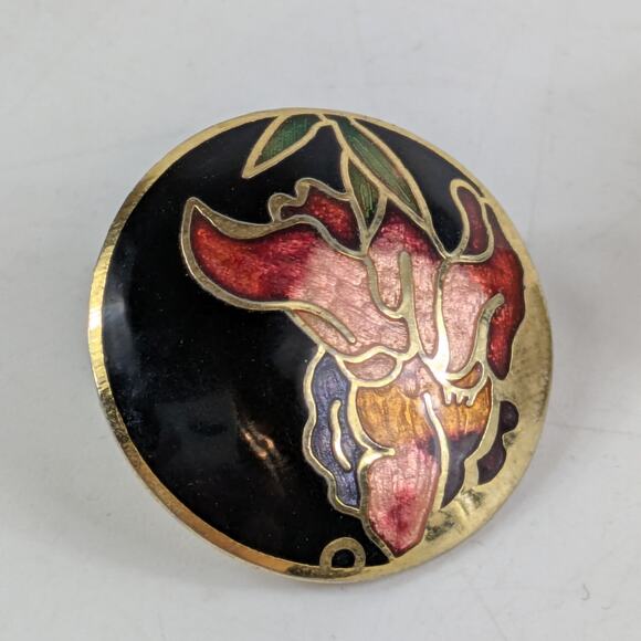 Vtg Enamel Floral Round Post Earrings Black Red Gold Art Nouveau Style Cloisonné - Picture 4 of 6